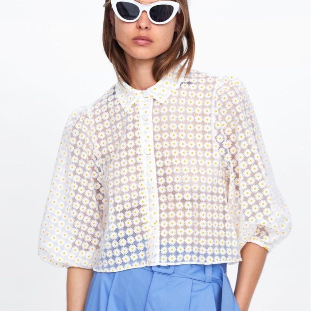 ZARA WHITE SHEER DAISY ORGANZA BLOUSE